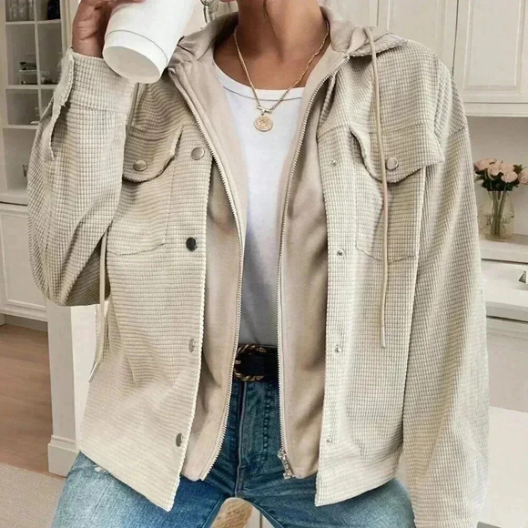 Apricot Casual Women's Flap Pocket Drop Shoulder Drawstring Hooded Jacket - Picture 3 of 6